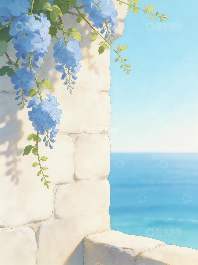 高清大图下载【趣麦麦图】梦幻白墙蓝花6
