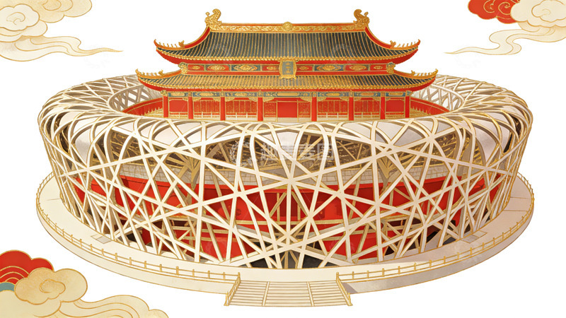 高清大图下载【趣麦麦图】传统中国风鸟巢建筑插画