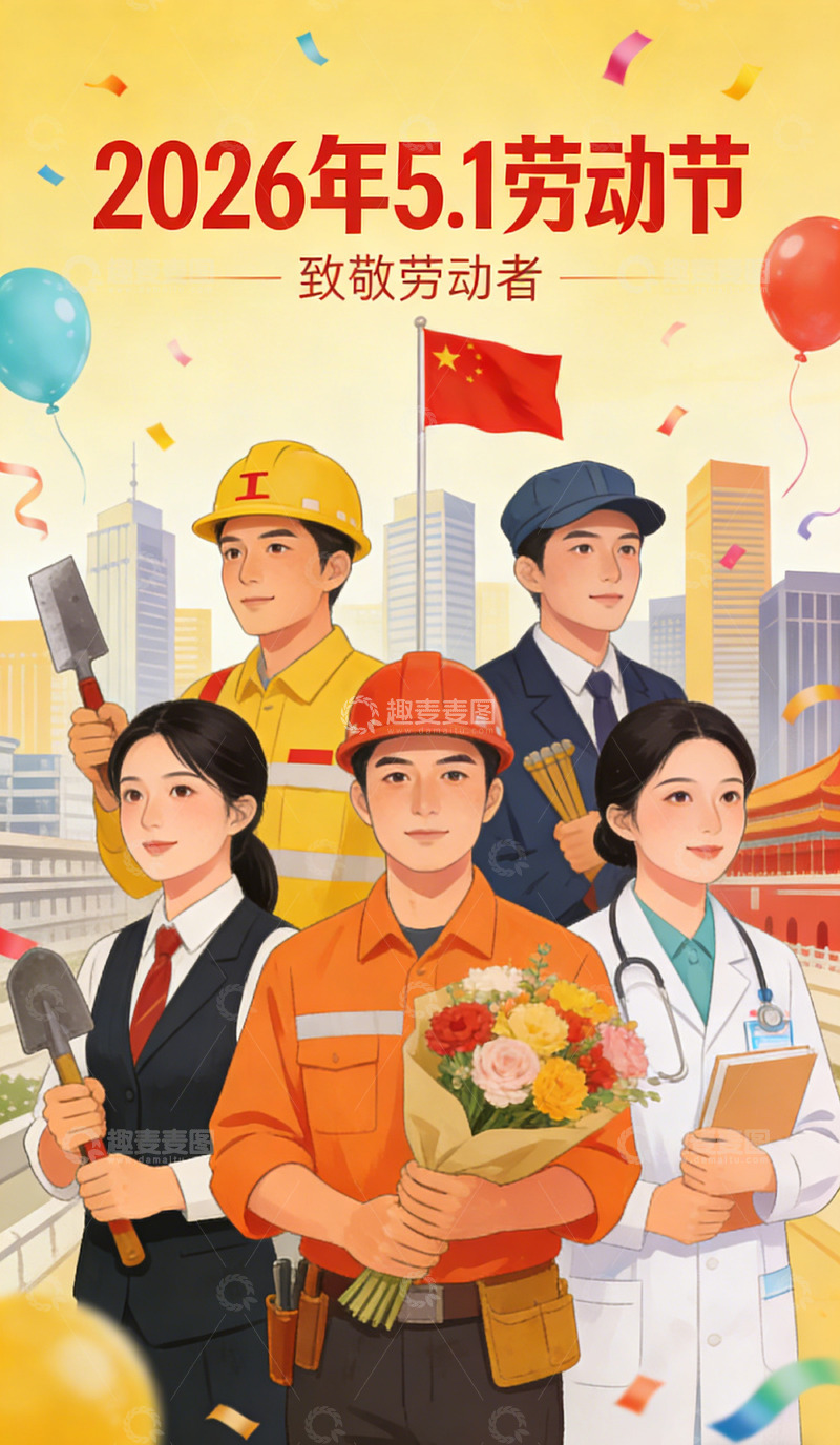 高清大图下载【趣麦麦图】庆祝劳动节工人医生插画海报