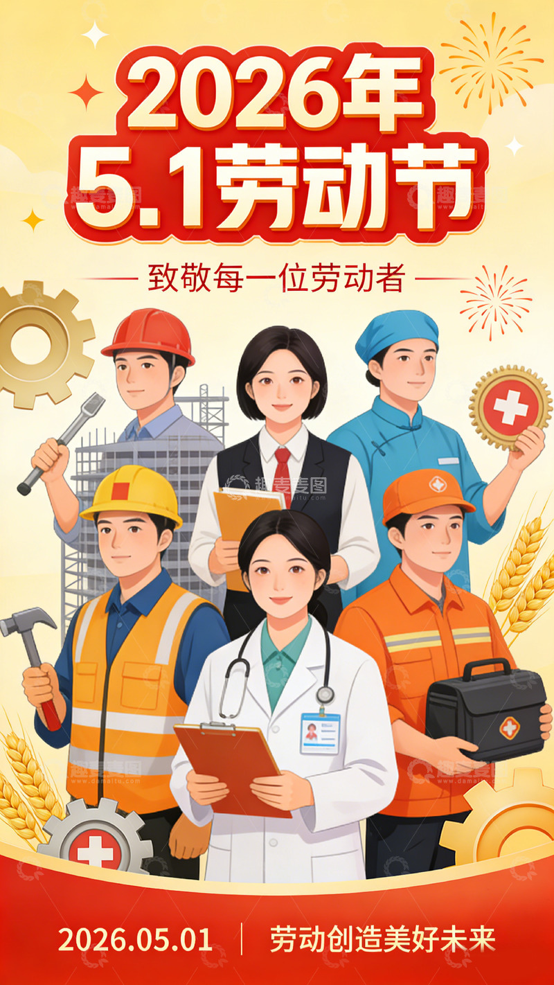 高清大图下载【趣麦麦图】2026年五一劳动节宣传海报