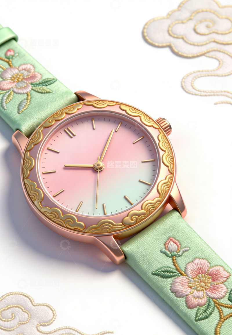 高清大图下载【趣麦麦图】东方韵味刺绣花卉腕表设计