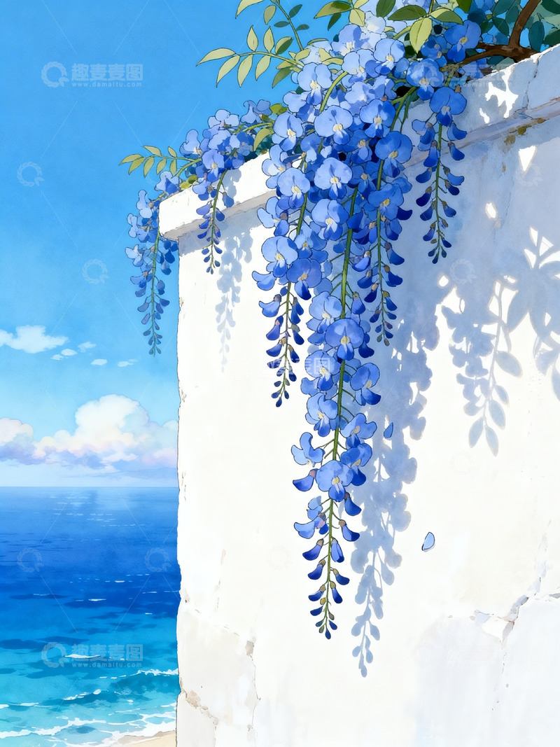 高清大图下载【趣麦麦图】梦幻白墙蓝花5