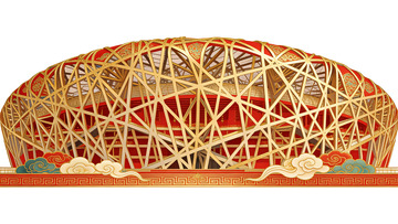 鸟巢建筑图案传统风格插画