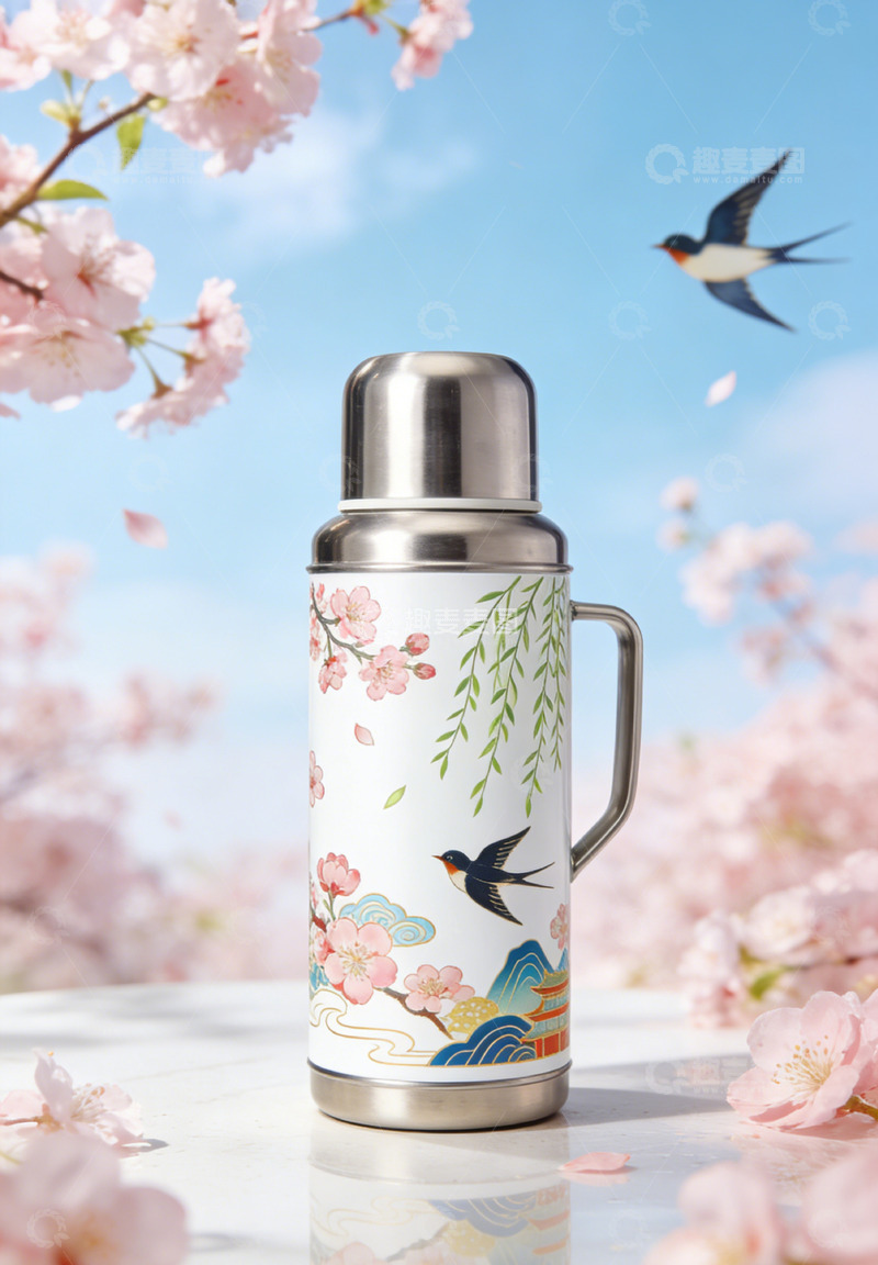高清大图下载【趣麦麦图】春日樱花保温瓶摄影图
