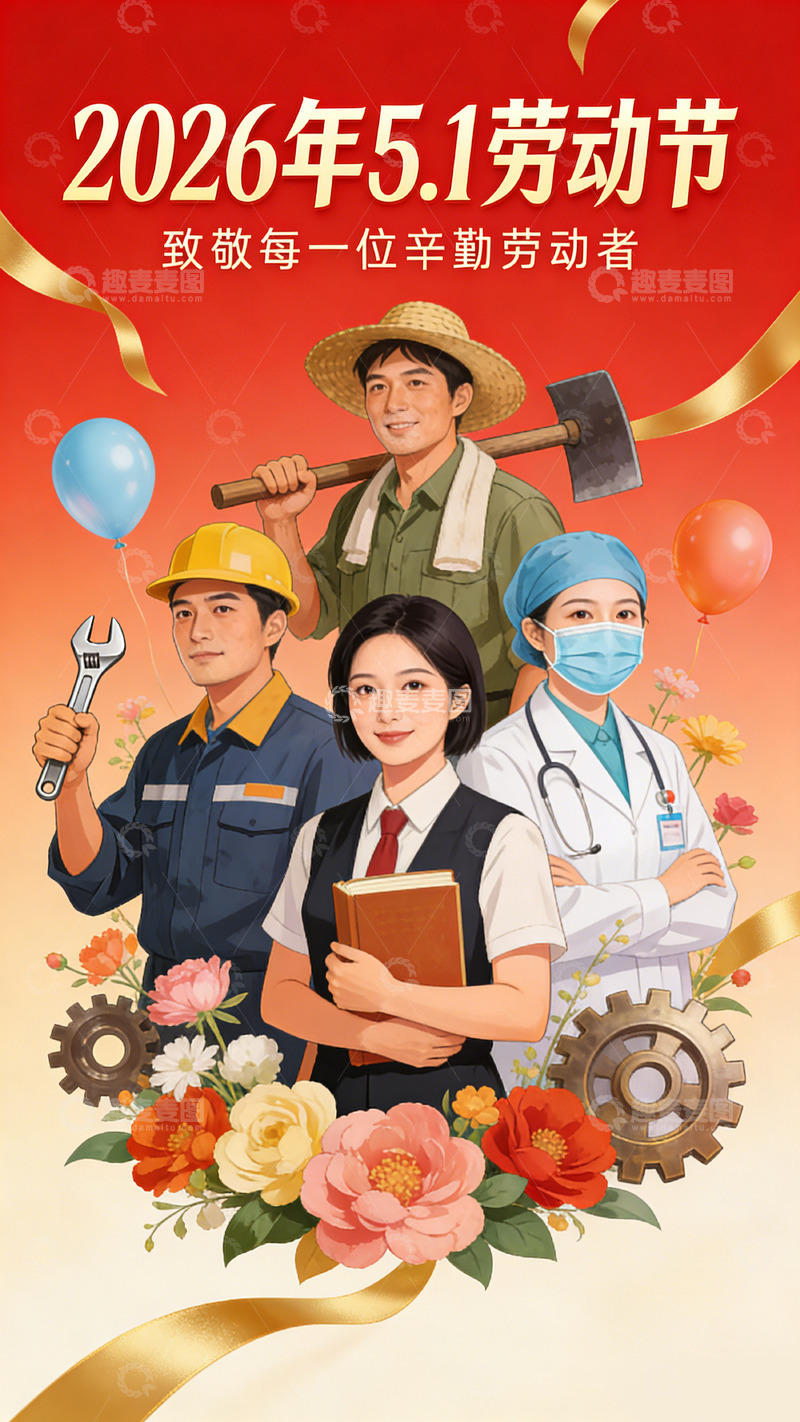 高清大图下载【趣麦麦图】庆祝劳动节工人医生插画海报