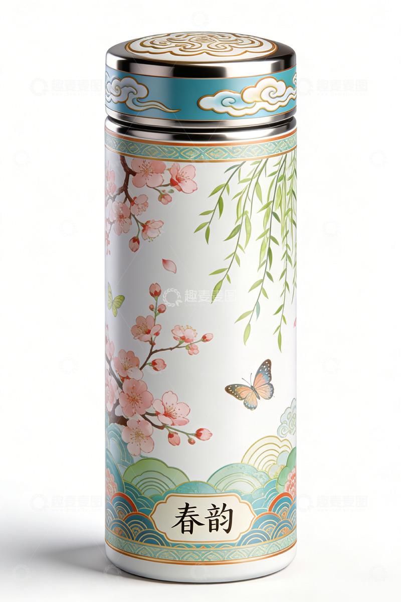 高清大图下载【趣麦麦图】春韵樱花蝴蝶罐设计