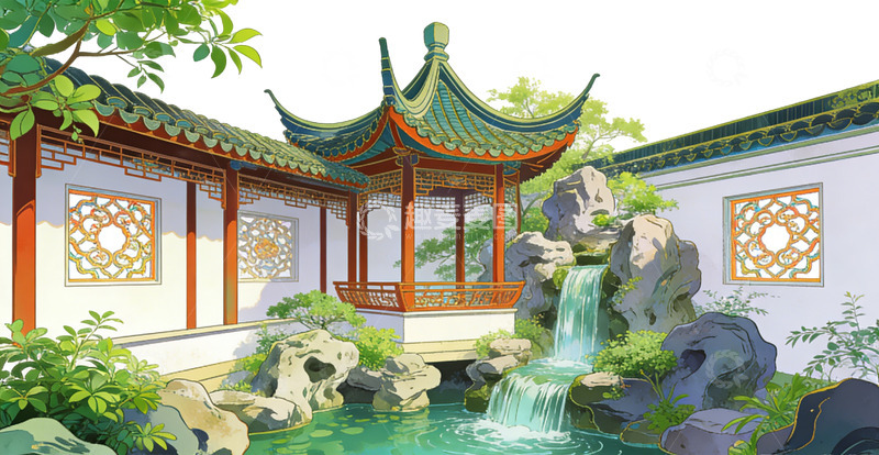 高清大图下载【趣麦麦图】中国古典苏州园林亭台水景插画