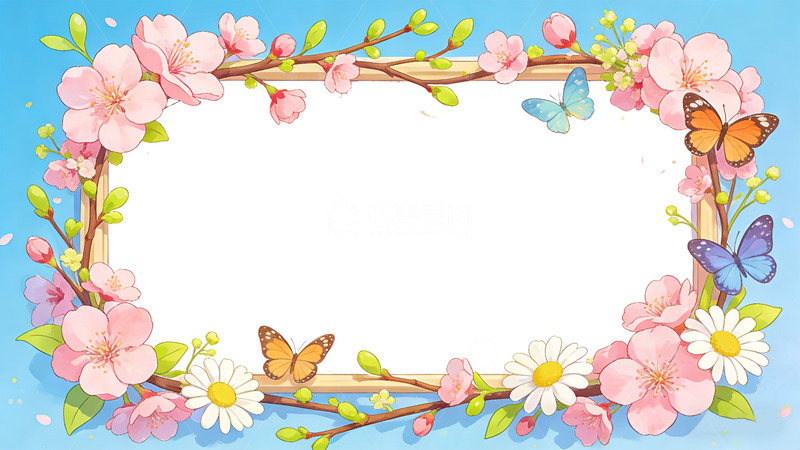 高清大图下载【趣麦麦图】春日樱花蝴蝶边框插画