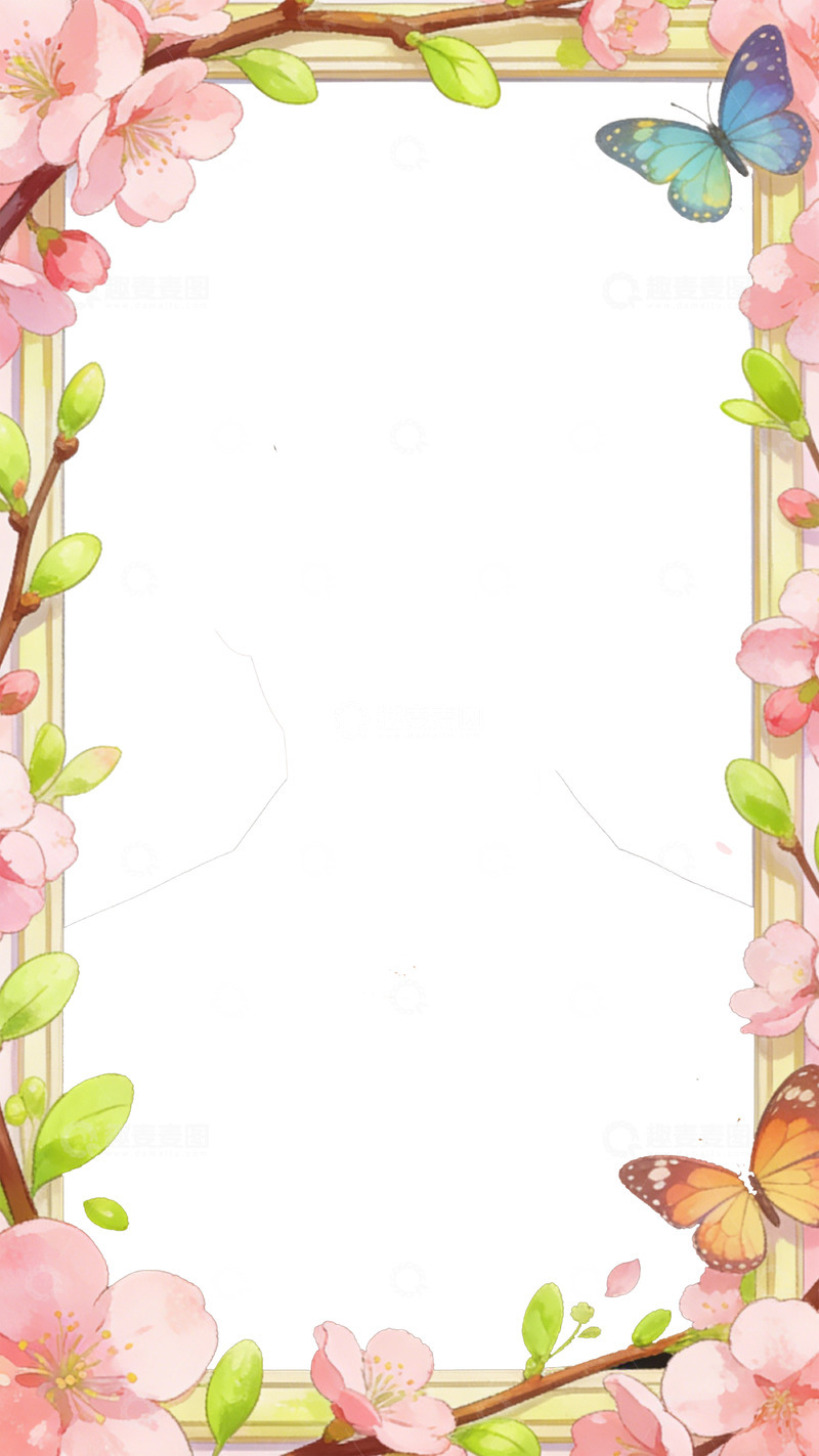 高清大图下载【趣麦麦图】樱花蝴蝶春天边框相框插画