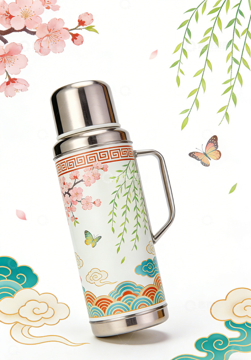 高清大图下载【趣麦麦图】中国风保温瓶樱花柳叶图案设计