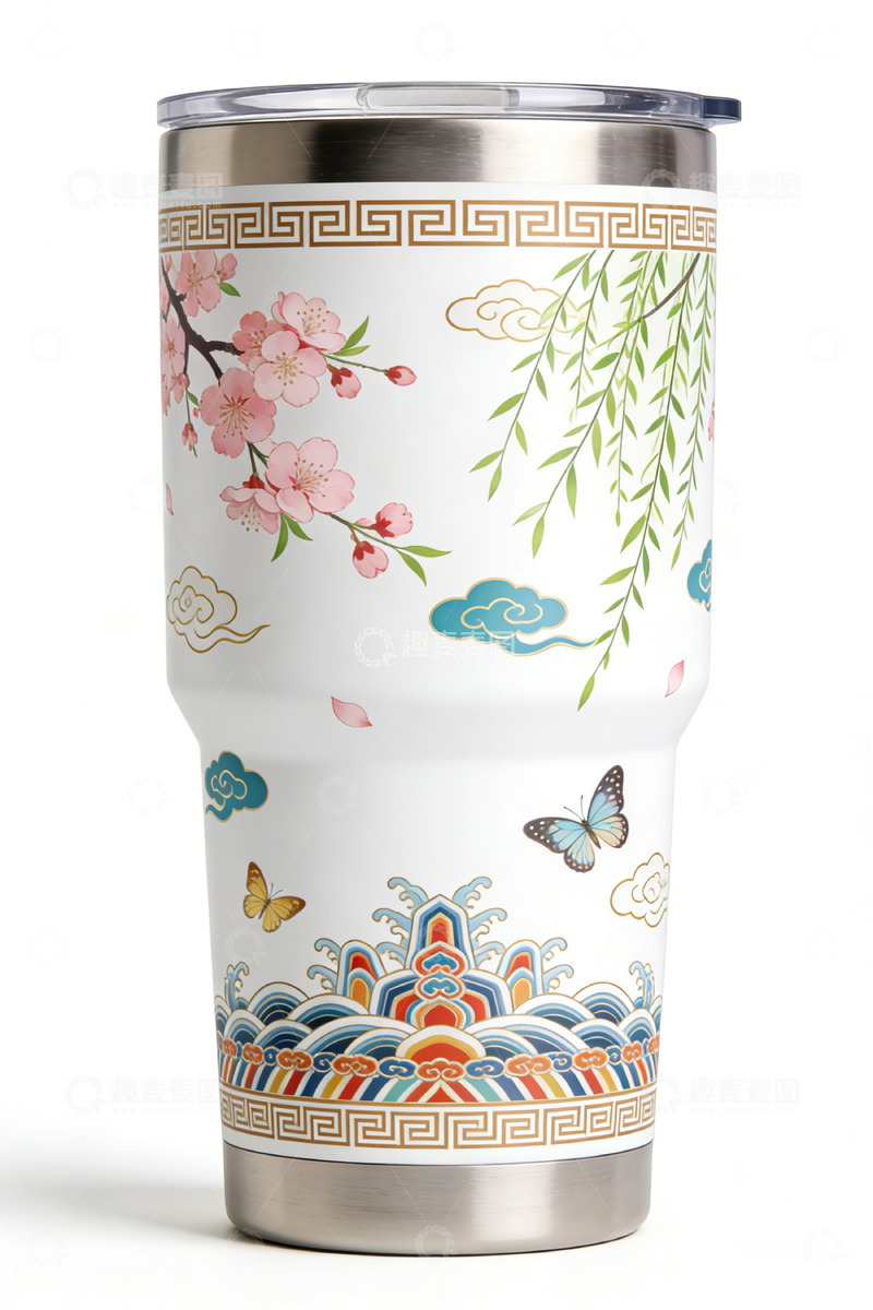高清大图下载【趣麦麦图】中国风樱花蝴蝶保温杯