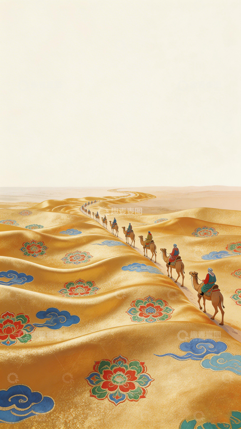 高清大图下载【趣麦麦图】丝绸之路骆驼队金布画