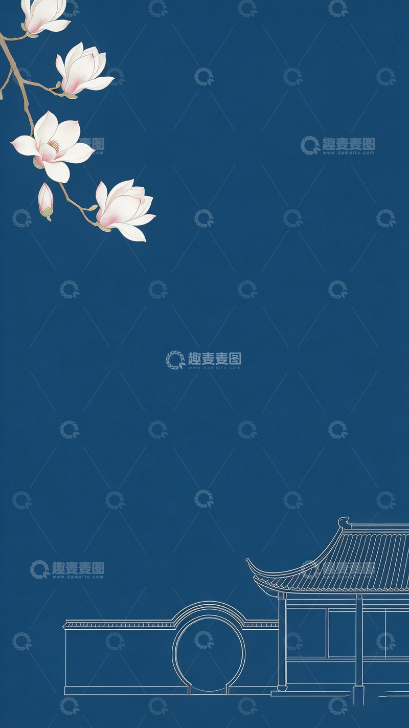 高清大图下载【趣麦麦图】古典建筑玉兰花艺术背景