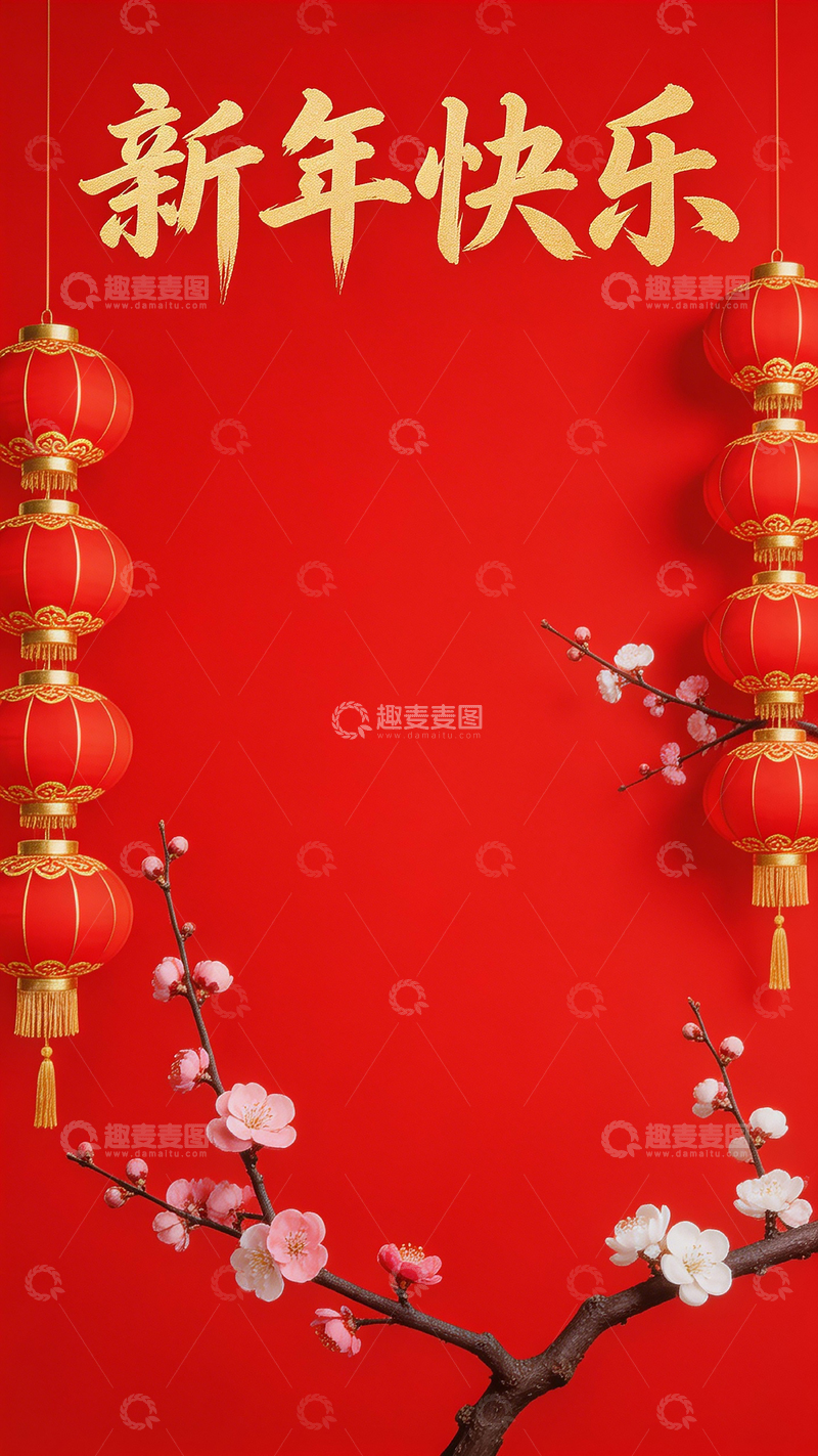 高清大图下载【趣麦麦图】新年喜庆红灯梅枝装饰画