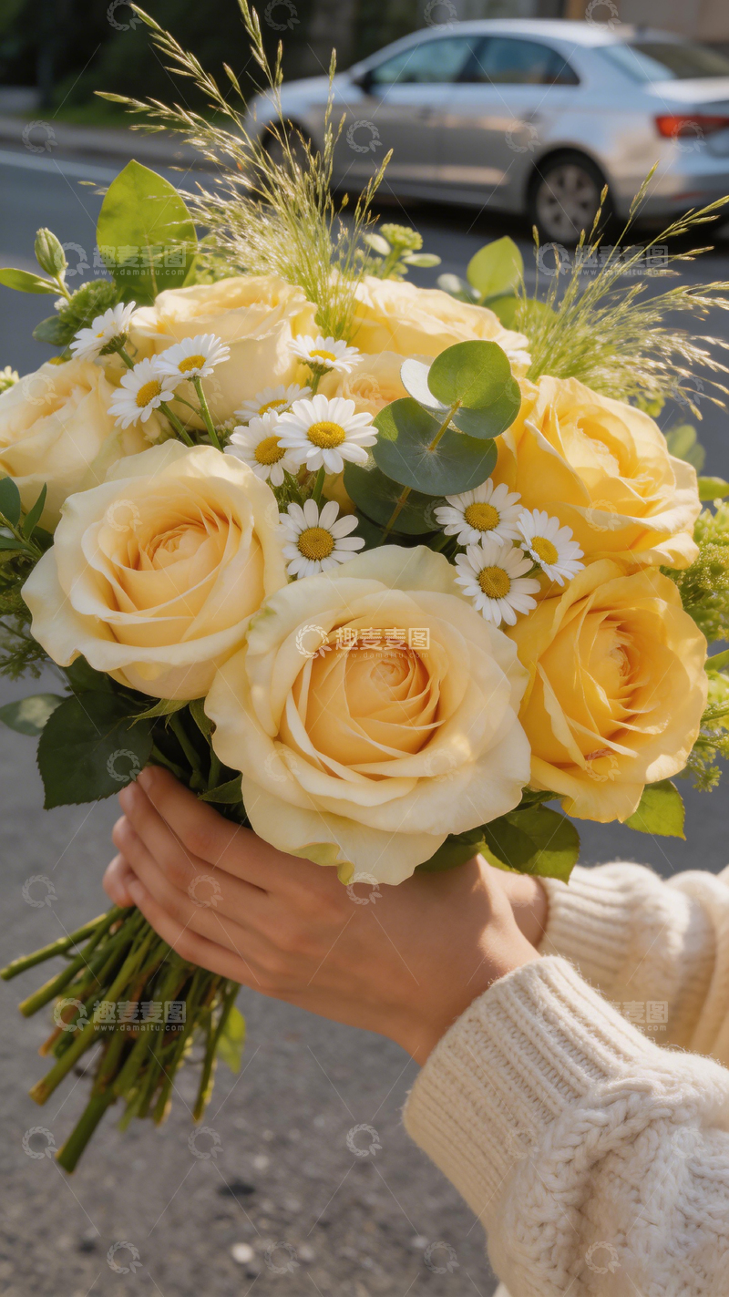 高清大图下载【趣麦麦图】暖色鲜花束手持特写