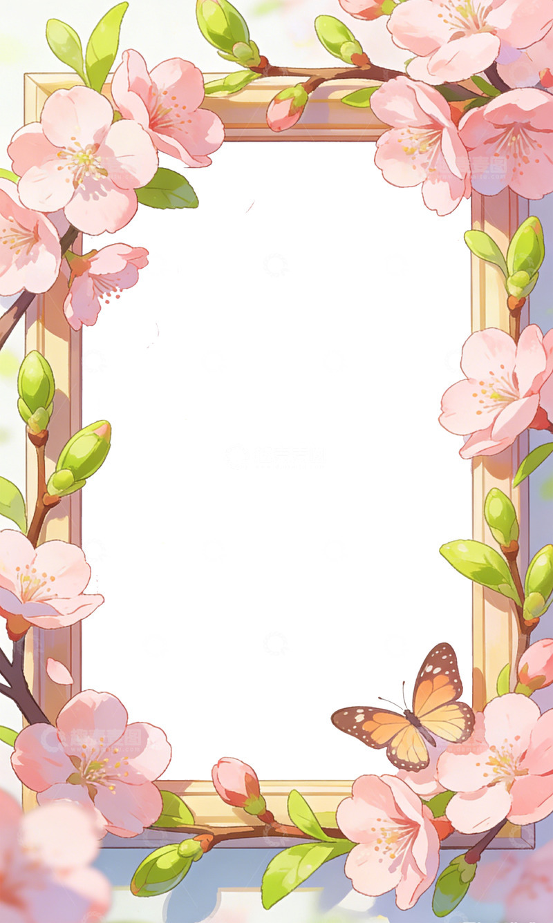 高清大图下载【趣麦麦图】樱花盛开蝴蝶飞舞相框设计
