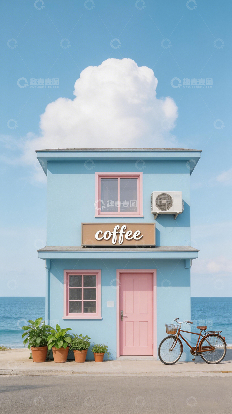 高清大图下载【趣麦麦图】海边的咖啡店插画