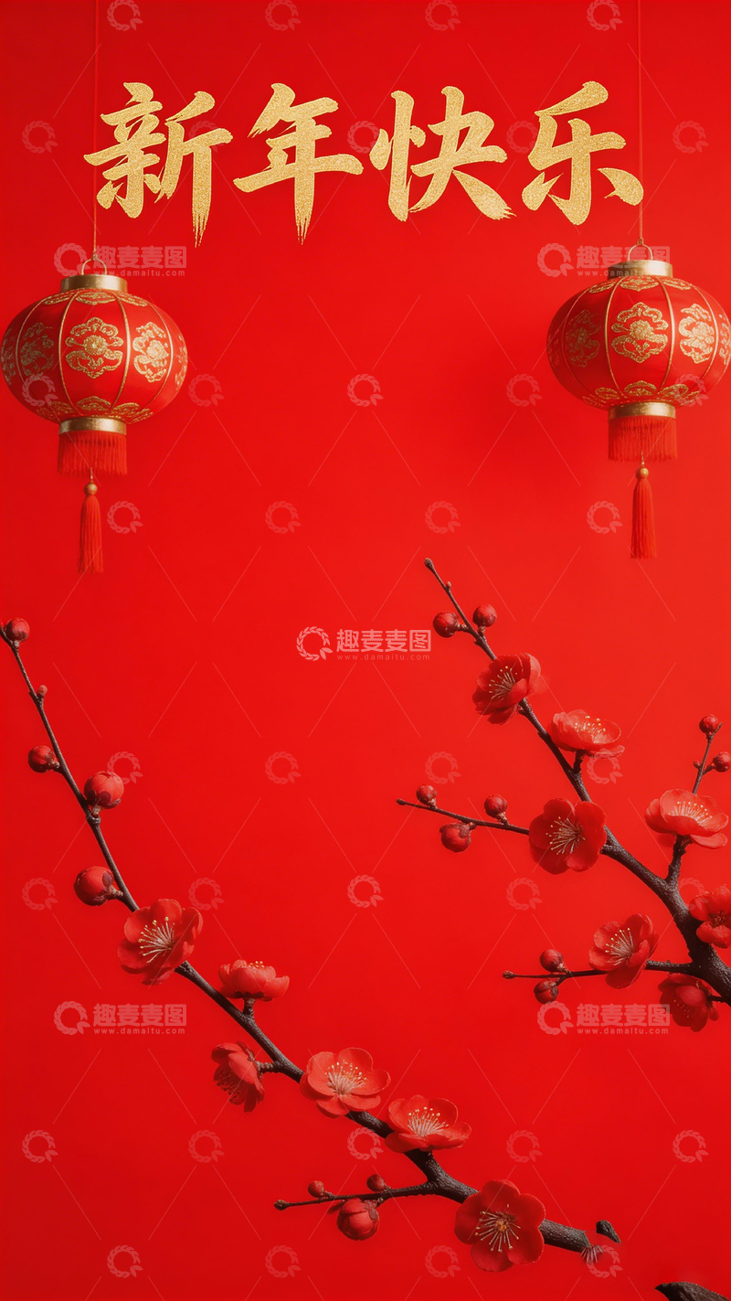 高清大图下载【趣麦麦图】春节喜庆梅花灯笼装饰画
