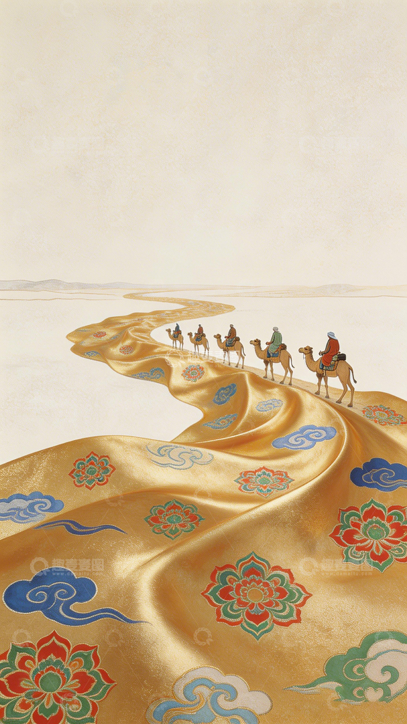 高清大图下载【趣麦麦图】沙漠驼队金底画