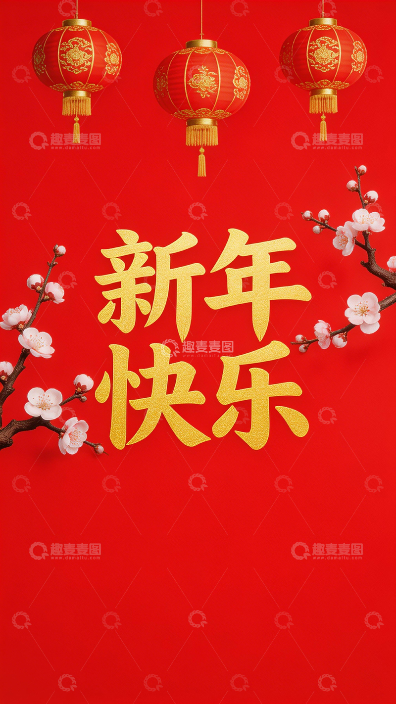 高清大图下载【趣麦麦图】新年快乐喜庆灯笼梅花图