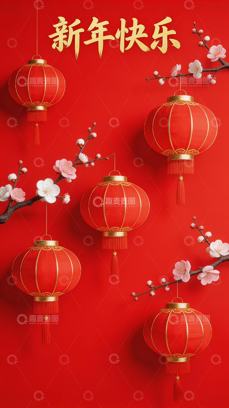 高清大图下载【趣麦麦图】新年喜庆红灯笼梅花装饰设计