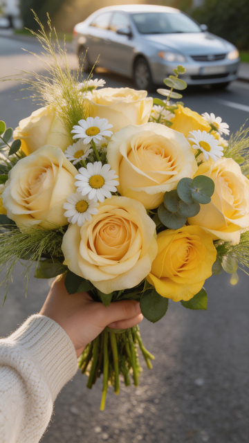 黄色玫瑰花束户外摄影