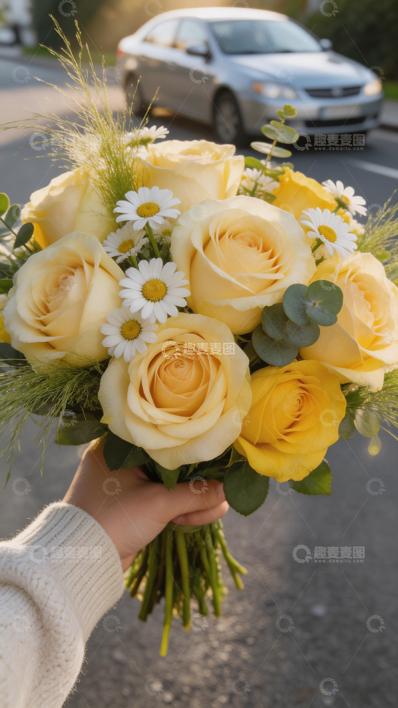 高清大图下载【趣麦麦图】黄色玫瑰花束户外摄影