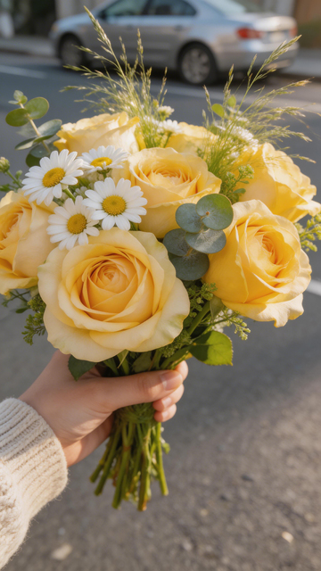 暖阳下黄色玫瑰花束特写