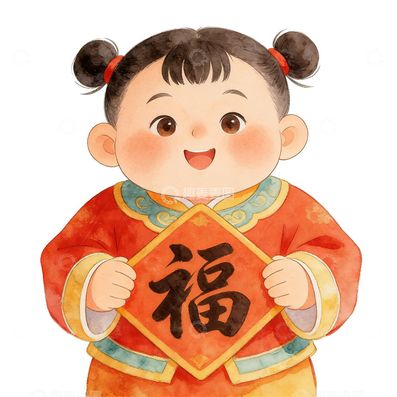 高清大图下载【趣麦麦图】卡通新年喜庆女孩福字插画