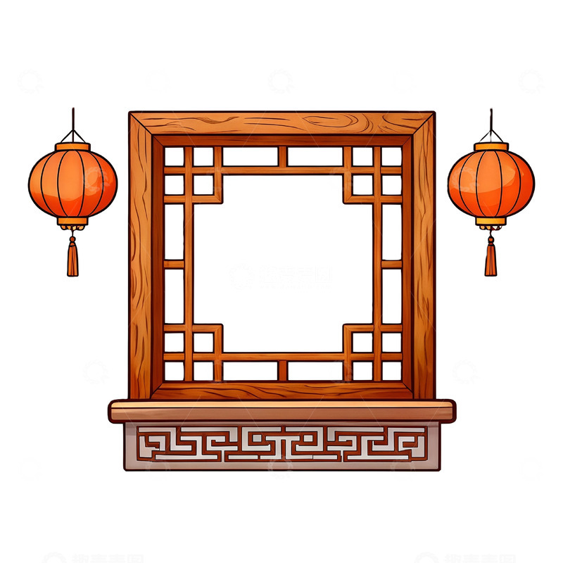 高清大图下载【趣麦麦图】中国风木制窗框灯笼装饰插画