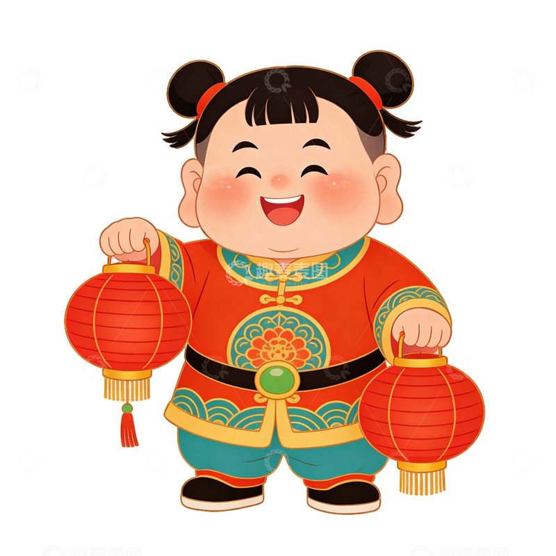 高清大图下载【趣麦麦图】卡通年画娃娃喜庆新年插画