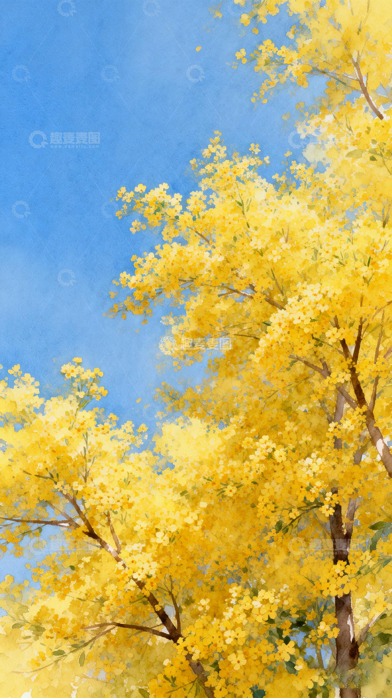 高清大图下载【趣麦麦图】水彩金黄树木风景画