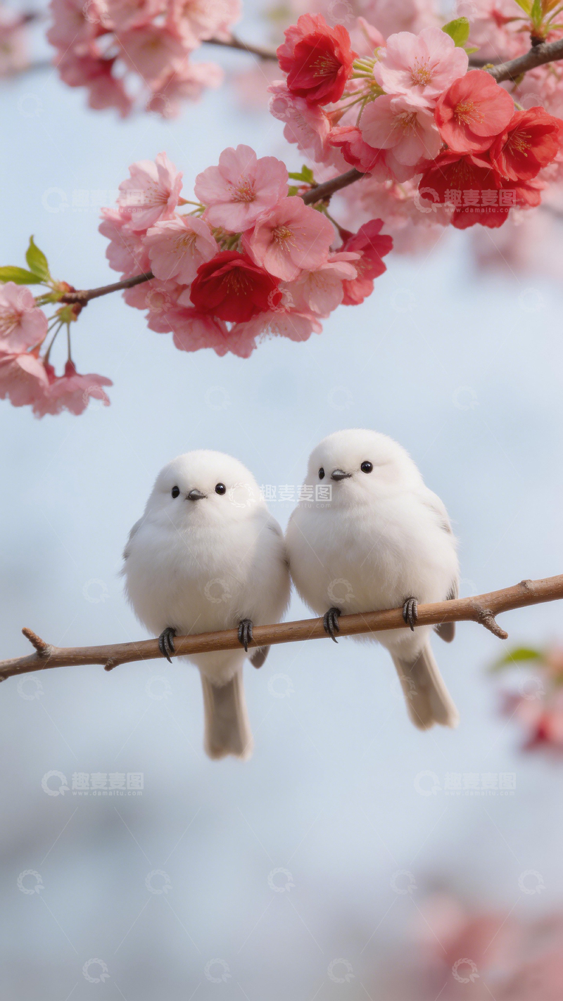 高清大图下载【趣麦麦图】樱花枝头白鸟相依