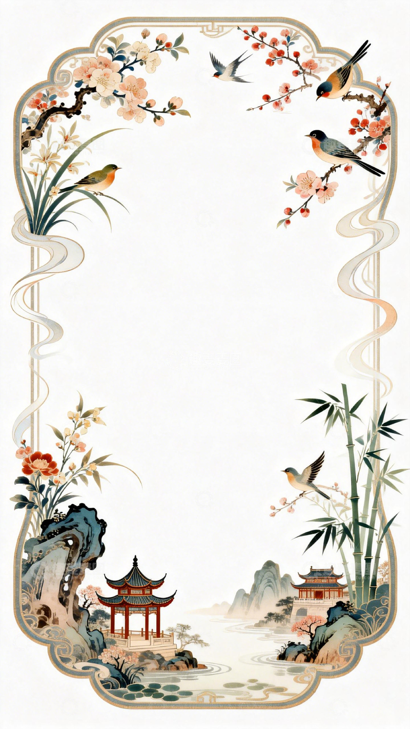 高清大图下载【趣麦麦图】古典中式花鸟山水边框