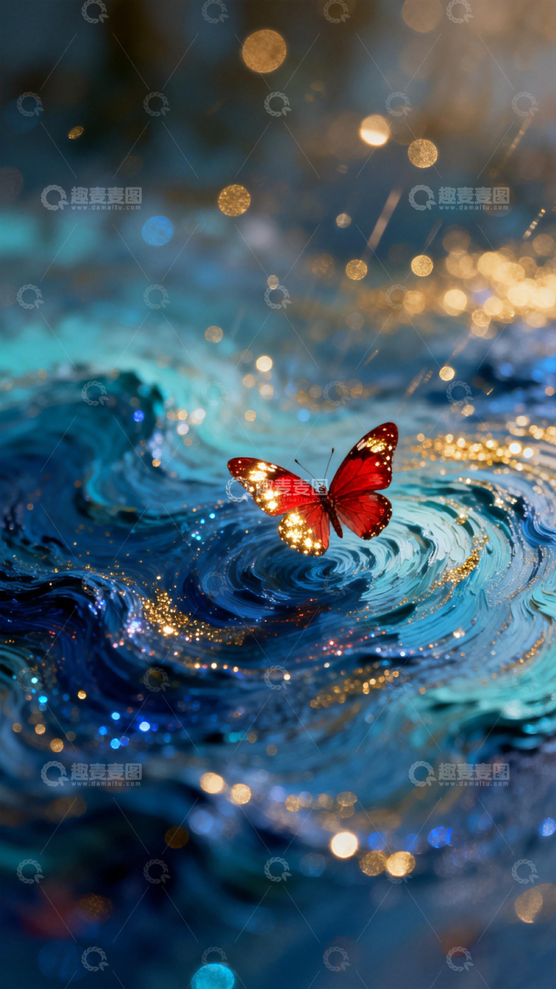 高清大图下载【趣麦麦图】梦幻红蝶水波纹艺术图片