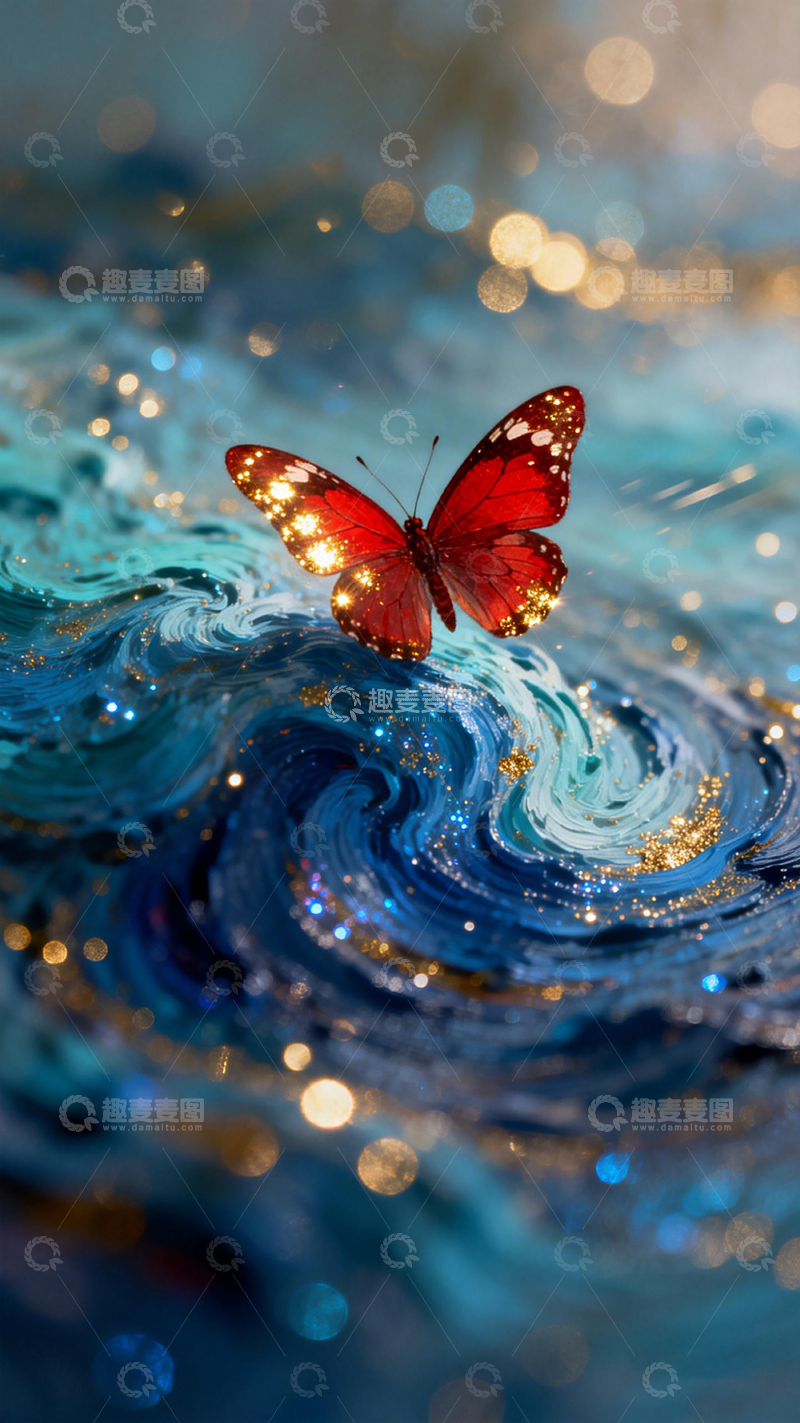 高清大图下载【趣麦麦图】梦幻红蝶水波艺术图