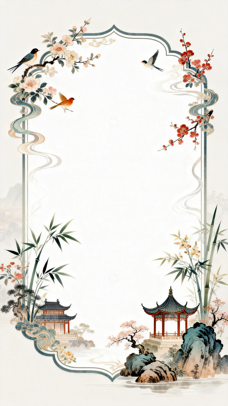 高清大图下载【趣麦麦图】古风花鸟亭台卷轴装饰画框