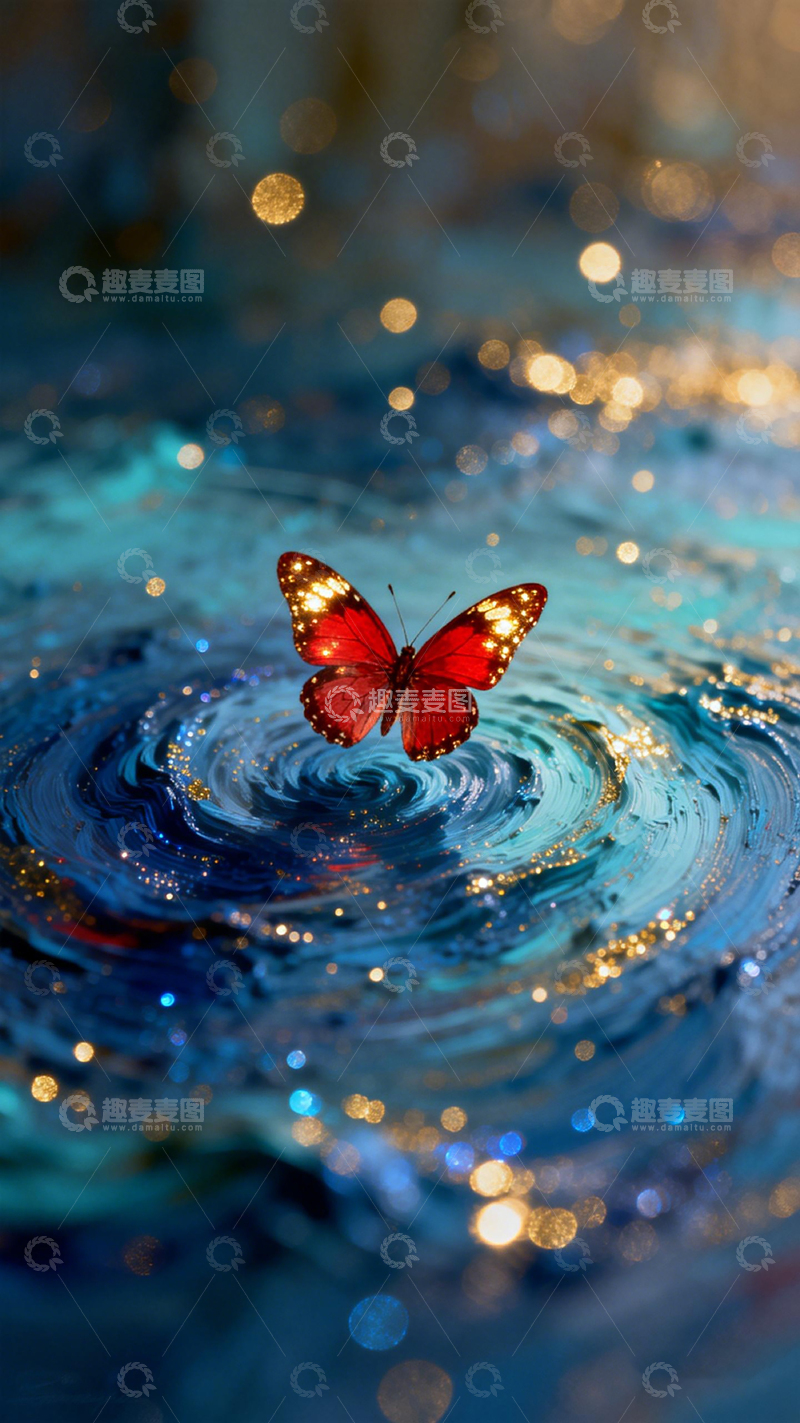 高清大图下载【趣麦麦图】梦幻红蝶水波纹