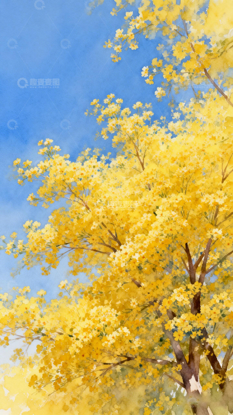 高清大图下载【趣麦麦图】水彩金秋树木花卉风景画