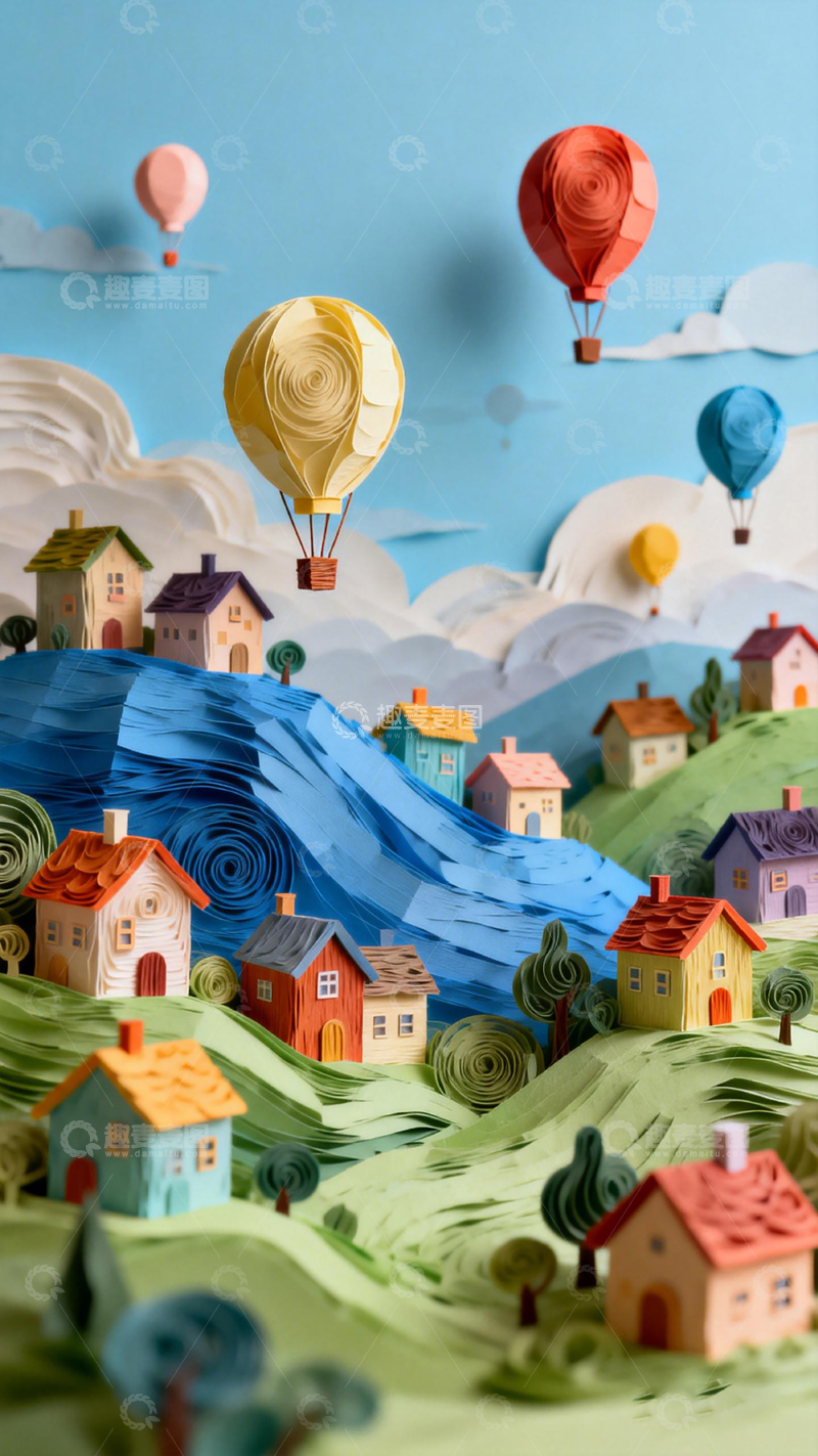 高清大图下载【趣麦麦图】纸艺热气球小镇梦幻风景