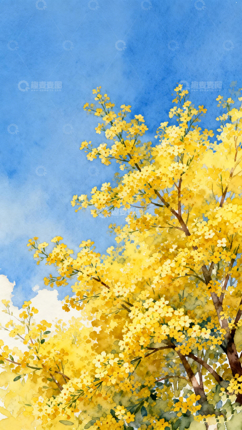 高清大图下载【趣麦麦图】水彩黄花树蓝天美景图