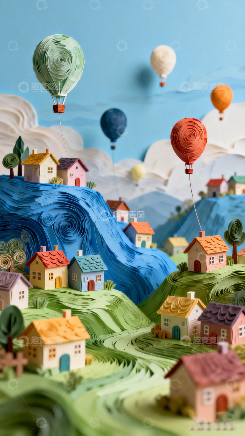 高清大图下载【趣麦麦图】立体纸艺梦幻小镇热气球景观