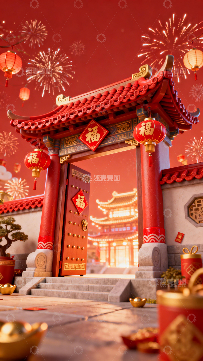 高清大图下载【趣麦麦图】积木中国风春节场景