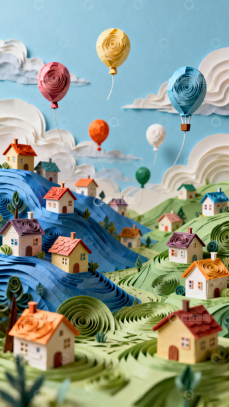 高清大图下载【趣麦麦图】纸艺梦幻小镇热气球景观