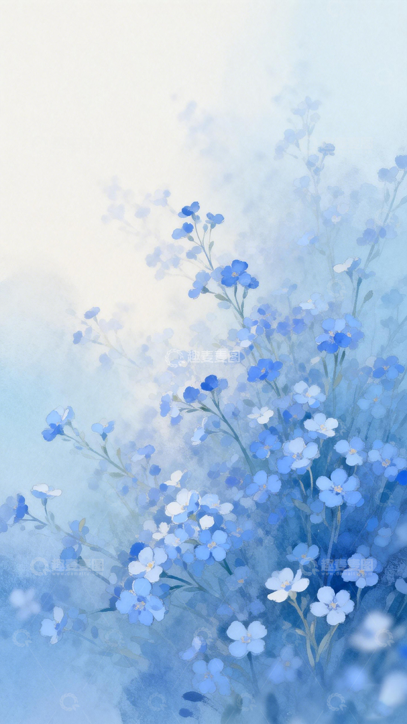 高清大图下载【趣麦麦图】水彩蓝色花卉装饰画