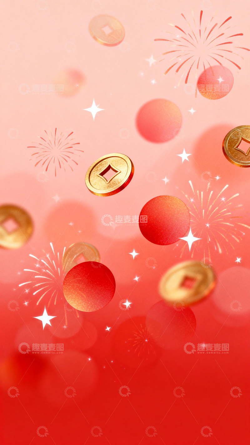 高清大图下载【趣麦麦图】春节庆祝金币烟花背景