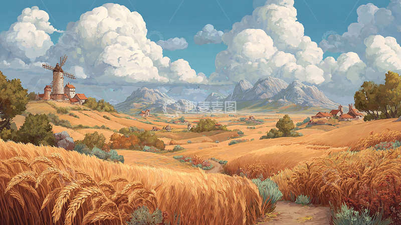 高清大图下载【趣麦麦图】金色麦田与远山的宁静时光