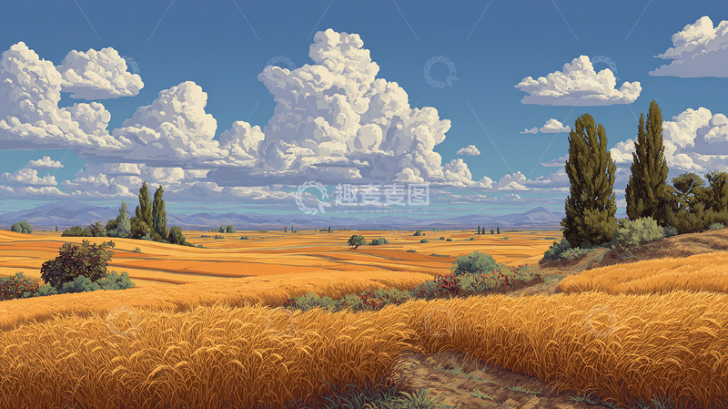 高清大图下载【趣麦麦图】蓝天下的丰收田野