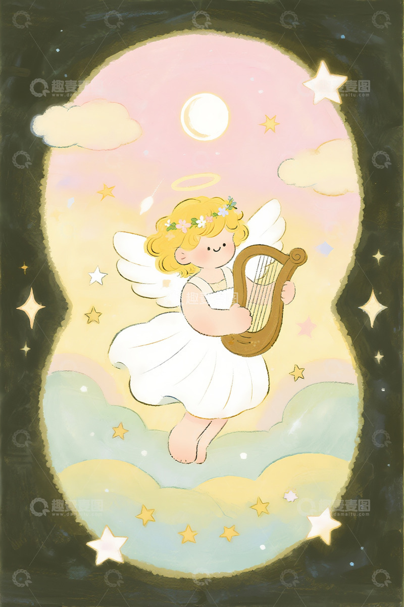 高清大图下载【趣麦麦图】小天使弹竖琴