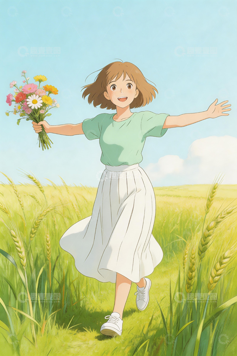 高清大图下载【趣麦麦图】麦田女孩儿插画